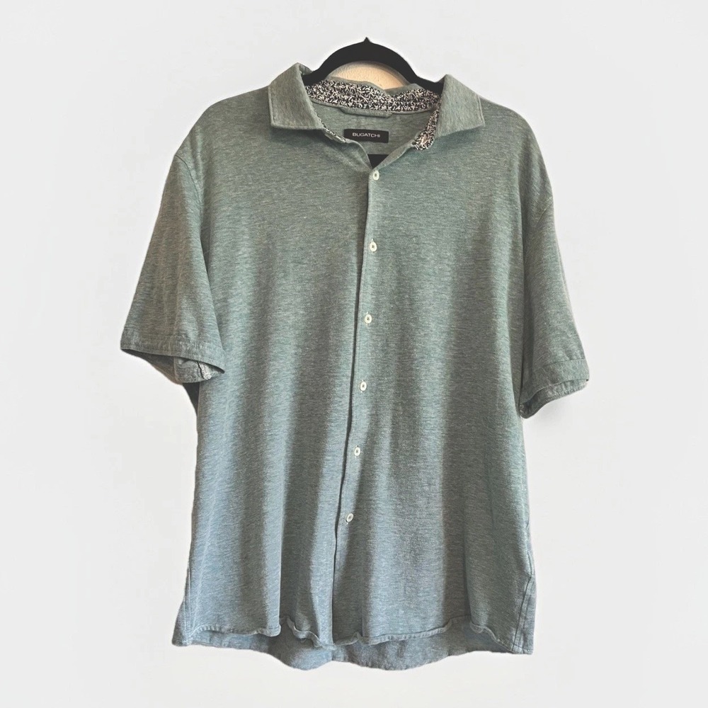 Bugatchi Shirt Mens XL Blue Linen Blend Short Sleeve Button Up Casual Summer